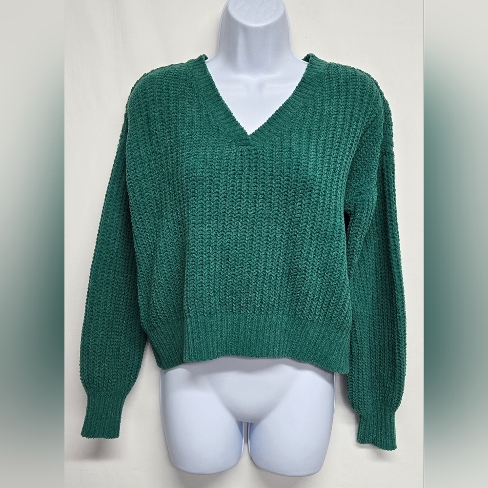 Derek Heart S Green Knit Sweater Cropped Long Sleeve V Neck